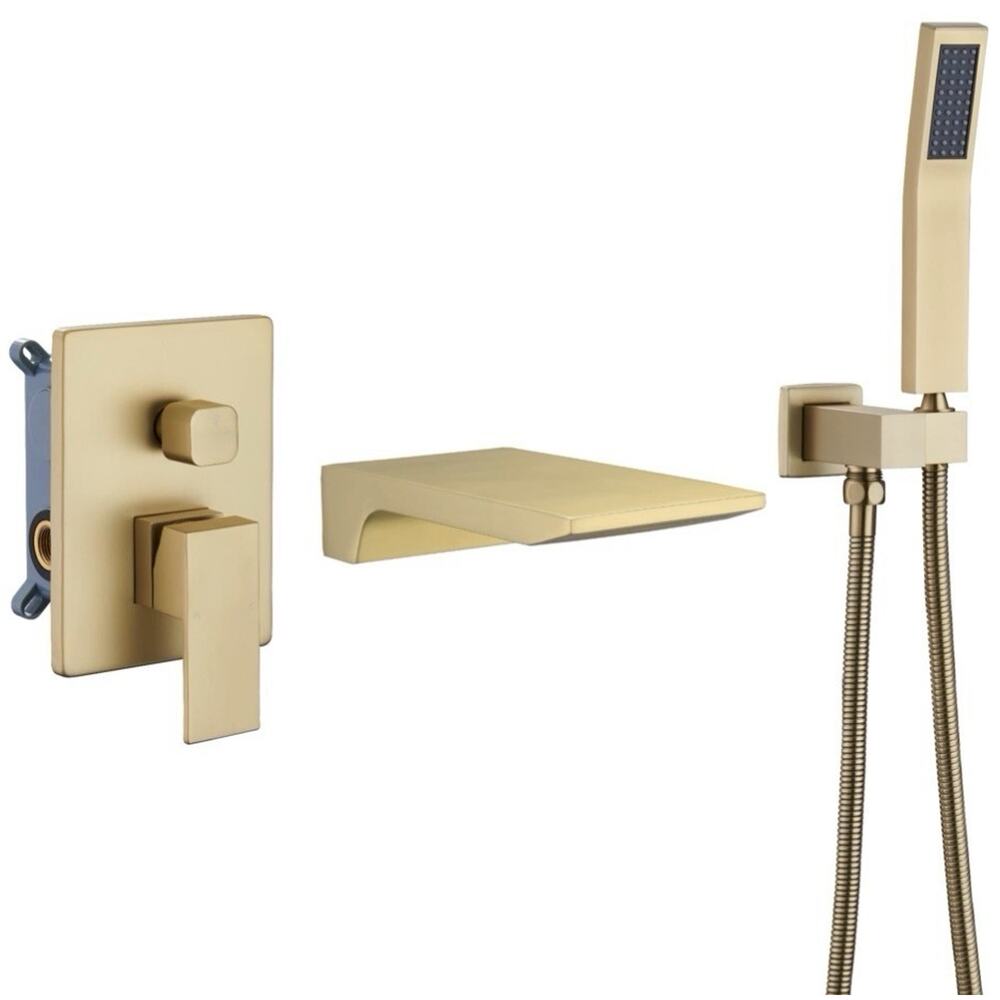 Gold Waterfall Tub Filler Faucet Wall Mount with Hand Shower Modern Wall Mounted